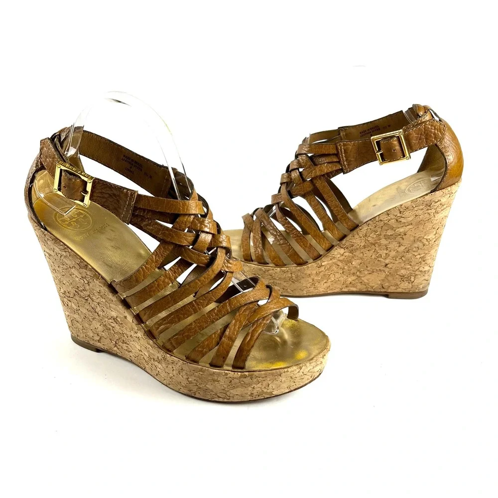 TORY BURCH Anamarte Brown Cork Wedge Platform Sandals Size‎ 9.5 M Leather Buckle